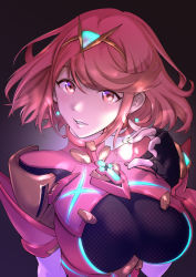 Rule 34 | 1girl, absurdres, black gloves, breasts, chest jewel, earrings, fingerless gloves, gem, gloves, headpiece, highres, jewelry, large breasts, pyra (xenoblade), red eyes, red hair, short hair, solo, swept bangs, tiara, ug333333, xenoblade chronicles (series), xenoblade chronicles 2