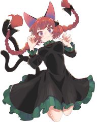 Rule 34 | 1girl, absurdres, animal ears, blush, braid, cat ears, claw pose, domaso (sowdma2), fang, floating hair, full body, highres, kaenbyou rin, looking at viewer, multiple tails, nekomata, purple eyes, red eyes, red hair, simple background, skin fang, solo, tail, touhou, twin braids, twintails, two tails, white background