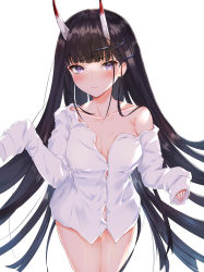 Rule 34 | 1girl, absurdres, azur lane, bare shoulders, black hair, blunt bangs, blush, breasts, cleavage, closed mouth, collarbone, cowboy shot, futon fly away, hair ornament, hairclip, highres, horns, long hair, long sleeves, looking at viewer, noshiro (azur lane), off shoulder, oni horns, purple eyes, shirt, simple background, sleeves past fingers, sleeves past wrists, small breasts, solo, white background, white shirt