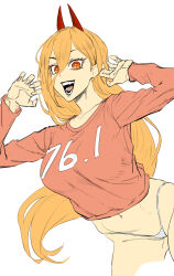 Rule 34 | 1girl, alternate breast size, bam.g, blonde hair, breasts, chainsaw man, claw pose, cross-shaped pupils, hair between eyes, highres, horns, large breasts, leaning forward, long hair, looking at viewer, midriff peek, no pants, open mouth, pink sweater, power (chainsaw man), red horns, sharp teeth, simple background, smile, solo, sweater, symbol-shaped pupils, teeth, thong, white background, yellow eyes