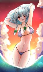 Rule 34 | 1girl, :d, alternate costume, armpits, arms up, bikini, blue bikini, blush, braid, breasts, cleavage, cloud, collarbone, commentary request, dripping, evening, eyelashes, green ribbon, hair ribbon, highres, izayoi sakuya, lips, looking at viewer, medium breasts, medium hair, navel, ocean, open mouth, red eyes, removing jacket, ribbon, silver hair, smile, solo, sparkle, standing, stomach, swimsuit, tanikake yoku, thighs, touhou, tress ribbon, twin braids, water, water drop, wet, wet clothes