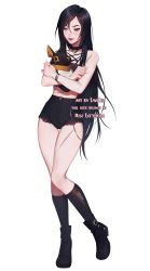Rule 34 | 1girl, artist name, bare shoulders, black choker, black footwear, black hair, black socks, blush, boots, choker, closed mouth, collarbone, crop top, english text, full body, goth fashion, gothic, grey eyes, hair between eyes, heterochromia, highres, hug, jewelry, kneehighs, lavelis, lips, long hair, looking down, nail polish, navel, original, red eyes, ring, scar, scar across eye, scar on face, short shorts, shorts, simple background, sleeveless, smile, socks, solo, standing, stomach, stuffed toy, toy, white background