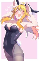 Rule 34 | 1girl, ahoge, animal ears, armpits, arms up, bare shoulders, black leotard, blonde hair, blush, breasts, closed eyes, collarbone, cowboy shot, dot nose, fake animal ears, fake tail, fishnet pantyhose, fishnets, grid background, heart, highres, hoshii miki, idolmaster, idolmaster (classic), idolmaster million live!, idolmaster million live! theater days, leotard, long hair, medium breasts, open mouth, outside border, pantyhose, pink background, playboy bunny, rabbit ears, rabbit pose, rabbit tail, simple background, smile, soeji, solo, standing, tail, white wrist cuffs, wrist cuffs