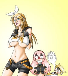 Rule 34 | 1boy, 2girls, age progression, blonde hair, blood, bow, breast envy, breasts, hair bow, highres, kagamine len, kagamine rin, large breasts, megurine luka, multiple girls, pink hair, shorts, surprised, vocaloid