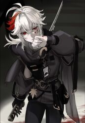 Rule 34 | 1boy, absurdres, alternate costume, artist name, black jacket, black pants, blood, blood on face, comcom (comcomhey), genshin impact, highres, holding, holding sword, holding weapon, jacket, kaedehara kazuha, low ponytail, male focus, medium hair, multicolored hair, pale skin, pants, parted lips, red eyes, red hair, solo, sword, teeth, weapon, white hair