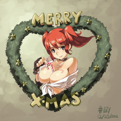 Rule 34 | 10s, 1girl, 2012, bare shoulders, between breasts, blue eyes, bracelet, breasts, brown background, candy, candy cane, candy cane (rumble roses), choker, christmas, cleavage, dated, elbow pads, english text, fingerless gloves, food, gloves, heart, heart necklace, highres, jewelry, junkpuyo, large breasts, long hair, looking at viewer, merry christmas, name connection, necklace, no bra, object namesake, off shoulder, red hair, rumble roses, shirt, simple background, smile, solo, tied shirt, twintails, upper body, wreath
