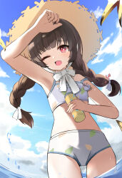 Rule 34 | 1girl, animal, bikini, bird, black hair, blue archive, blush, bottle, braid, brown hat, cowboy shot, day, flat chest, groin, hat, highres, holding, holding bottle, long hair, miyu (blue archive), miyu (swimsuit) (blue archive), moepu., ocean, official alternate costume, one eye closed, open mouth, outdoors, red eyes, solo, straw hat, swimsuit, twin braids, wet, white bikini, white bird