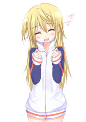 Rule 34 | 10s, 1girl, aosi (wasabiranzy), blonde hair, blush, charlotte dunois, closed eyes, hair down, happy, hard-translated, infinite stratos, jacket, long hair, long sleeves, no pants, open mouth, solo, text focus, third-party edit, track jacket, translated, white background