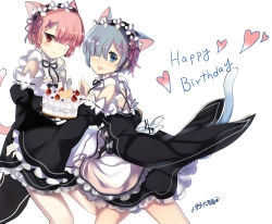 Rule 34 | 10s, 2girls, animal ears, apron, artist name, birthday, blue eyes, blue hair, blueberry, blunt bangs, blush, brown eyes, cake, cat ears, cat tail, closed mouth, collar, detached collar, detached sleeves, food, frilled apron, frilled collar, frilled sleeves, frills, fruit, hair ornament, hair over one eye, hair ribbon, happy birthday, heart, holding, holding food, looking at viewer, looking back, lunacats, maid, maid headdress, multiple girls, open mouth, pink hair, pink ribbon, purple ribbon, ram (re:zero), re:zero kara hajimeru isekai seikatsu, rem (re:zero), ribbon, short hair, siblings, signature, simple background, sisters, smile, strawberry, tail, teeth, twins, waist apron, white background, wide sleeves, x hair ornament
