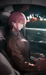 Rule 34 | 1girl, 1other, absurdres, braid, braided ponytail, breasts, brown coat, car interior, chainsaw man, coat, collared shirt, commentary, from side, highres, large breasts, long sleeves, looking at viewer, looking to the side, makima (chainsaw man), miyabino (miyabi1616), night, pochita (chainsaw man), red hair, reflection, shirt, sidelocks, single braid, sitting, smile, solo focus, window, yellow eyes