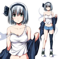 Rule 34 | 1girl, :o, bare shoulders, black jacket, black thighhighs, blue shorts, blush stickers, buttons, collarbone, contemporary, eyebrows, full body, green footwear, hairband, jacket, jacket off shoulders, konpaku youmu, konpaku youmu (ghost), lineart, miniskirt, monochrome, multiple views, navel, nori tamago, off shoulder, open clothes, open jacket, parted lips, shirt, shoes, short hair, short shorts, shorts, simple background, single thighhigh, sketch, skirt, sleeveless, smile, sneakers, standing, stomach, t-shirt, tank top, tareme, thighhighs, touhou, upper body, white shirt