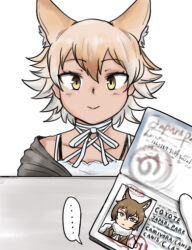 ... 1girl animal_ears black_jacket black_undershirt blonde_hair blush brown_hair choker coyote_(kemono_friends) coyote_(old_design)_(kemono_friends) extra_ears hair_between_eyes jacket japari_symbol kemono_friends looking_at_viewer passport saja_(166j357) shirt short_hair sidelocks smile solo spaghetti_strap spoken_ellipsis upper_body white_choker white_hair white_shirt wolf_ears wolf_girl yellow_eyes