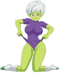 1girl blush breasts caisama cheelai colored_skin dragon_ball_super dragon_ball_super_broly green_skin pink_eyes short_hair thick_thighs thighs white_hair