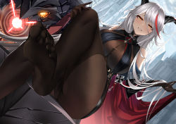 Rule 34 | 1girl, absurdres, aegir (azur lane), azur lane, bad id, bad pixiv id, bare shoulders, bodystocking, breast curtains, breasts, brown gloves, brown pantyhose, cape, cleavage, commentary, demon horns, feet, feet up, female focus, foot focus, foreshortening, from below, gloves, grin, hair between eyes, hand on own knee, highres, horns, jinpaitugounan, large breasts, long hair, looking at viewer, multicolored hair, no shoes, pantyhose, red cape, red hair, silver hair, sitting, smile, soles, solo, streaked hair, toes, very long hair, yellow eyes
