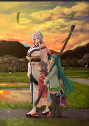 Rule 34 | 3girls, alternate costume, animal ears, backpack, bag, black socks, black thighhighs, breasts, cardigan, cloud, cloudy sky, commentary request, evening, finger to own chin, flower knot, fox ears, from side, ghost, grass, green cardigan, green hair, green skirt, gym shorts, height difference, highres, holding, holding bag, holding strap, huge breasts, index finger raised, jacket, japanese clothes, kimono, loafers, looking at another, mountainous horizon, multiple girls, ne an ito, nhk (voiceroid), obi, obijime, off shoulder, okobo, open mouth, outdoors, over shoulder, path, pink eyes, plastic bag, pleated skirt, profile, red jacket, red shorts, rice paddy, road, rural, sandals, sash, school uniform, shoes, shorts, siblings, side-by-side, sisters, skindentation, skirt, sky, sleeveless, sleeveless kimono, slit pupils, smile, sneakers, socks, thick thighs, thighhighs, thighs, touhoku itako, touhoku kiritan, touhoku zunko, track jacket, turtleneck, turtleneck jacket, voiceroid, walking, weapon bag, white kimono, yumi (bow)
