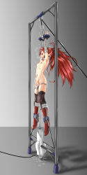 Rule 34 | 1girl, ankle cuffs, armpits, bdsm, black thighhighs, bondage, boots, bound, bound wrists, breasts, censored, collar, cuffs, detached sleeves, female focus, full body, fumihiro, head back, highres, long hair, magical girl, mahou shoujo madoka magica, mahou shoujo madoka magica (anime), nipples, nude, object insertion, open mouth, panties, panty pull, ponytail, pussy juice, red footwear, red hair, restrained, sakura kyoko, saliva, screaming, sex machine, small breasts, solo, soul gem, stomach bulge, sweat, thighhighs, topless, underwear, upright restraints, vaginal, vaginal object insertion