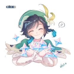 Rule 34 | 1boy, androgynous, beret, black hair, blue hair, blush, braid, cape, character name, closed eyes, closed mouth, commentary, crossed arms, english commentary, facing viewer, flower, frilled sleeves, frills, genshin impact, gradient hair, green hat, hat, hat flower, highres, leaf, long sleeves, male focus, multicolored hair, musical note, primogem, shirt, short hair with long locks, simple background, smile, solo, speech bubble, twin braids, venti (genshin impact), white background, white flower, white shirt, yue yue1102