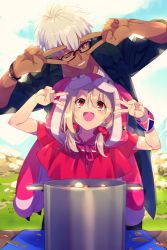 Rule 34 | 1boy, 1girl, animal hood, archer (fate), archer (summer casual) (fate), brown eyes, cape, dark-skinned male, dark skin, double v, dress swimsuit, echo (circa), fate/grand order, fate (series), food, glasses, hood, illyasviel von einzbern, illyasviel von einzbern (swimsuit archer), illyasviel von einzbern (swimsuit archer) (first ascension), long hair, pot, raincoat, red eyes, short hair, star (symbol), star print, twintails, v, visor cap, white hair