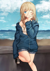 Rule 34 | 1girl, bare shoulders, blonde hair, blue eyes, hair between eyes, hair over face, kurata rine, long hair, messy hair, mountain, ocean, one eye closed, original, partially unzipped, shore, short shorts, shorts, sleeves past wrists, smile, solo, tank top, tongue, tongue out, water, windbreaker
