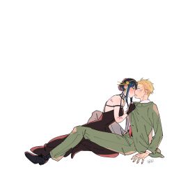 Rule 34 | 1boy, 1girl, awarinko, black footwear, black hair, blonde hair, blush, collared shirt, dress, formal, green suit, hairband, hetero, highres, husband and wife, jacket, jewelry, kiss, long hair, long sleeves, looking at another, pants, shirt, shoes, short hair, sidelocks, simple background, spiked hairband, spikes, spy x family, suit, twilight (spy x family), two-sided dress, two-sided fabric, white background, yor briar