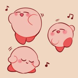 Rule 34 | beige background, blush, dancing, closed eyes, gurumi mami, happy, kirby, kirby (series), motion lines, multiple views, musical note, nintendo, no humans, open mouth, simple background, smile
