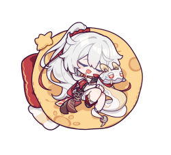 ahoge chibi closed_eyes eta fetal_position hair_between_eyes honkai_(series) honkai_impact_3rd kiana_kaslana kiana_kaslana_(ba-dum!_fiery_wishing_star) official_art open_mouth ponytail rice_cake_(honkai_impact_3rd) saliva sleeping snake sticker sweatdrop tongue white_background