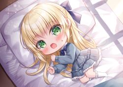 Rule 34 | 1girl, blonde hair, blue bow, blue dress, blush, bow, chibi, commission, dress, frilled dress, frilled socks, frills, full body, futon, green eyes, hair bow, hands up, highres, kohinata hoshimi, layered dress, long hair, long sleeves, looking at viewer, lying, no shoes, on bed, on side, open mouth, original, pillow, puffy long sleeves, puffy sleeves, skeb commission, socks, solo, sweat, very long hair, white socks