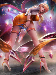 Rule 34 | 1girl, alternate costume, ass, bangle, blonde hair, blurry, blurry background, bracelet, breasts, dress, evelynn (league of legends), full body, glint, gold, high heels, highres, jacket, jewelry, k/da (league of legends), k/da evelynn, k/da evelynn-prestige edition, large breasts, league of legends, leaning forward, light particles, long hair, looking at viewer, looking back, necklace, open clothes, open jacket, open mouth, orange dress, purple hair, red lips, short dress, sidelocks, signature, solo, standing, thighlet, turewindwalker, wavy hair, white heels, white jacket, wind, wind lift, yellow eyes