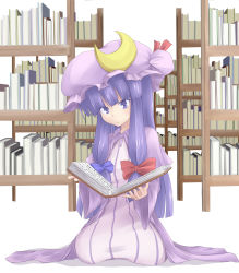 Rule 34 | 1girl, :&lt;, bad id, bad pixiv id, book, bookshelf, bow, crescent, crescent moon, female focus, hair bow, hat, highres, kneeling, library, long hair, moon, open book, patchouli knowledge, purple eyes, purple hair, ra-to, reading, sabino itaru, solo, touhou, voile