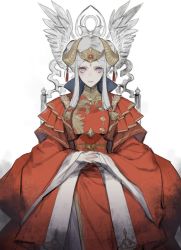 Rule 34 | 1girl, blonde hair, closed mouth, edelgard von hresvelg, fire emblem, fire emblem: three houses, headpiece, horns, long sleeves, nintendo, own hands together, p-nekor, purple eyes, simple background, sitting, solo, throne, white background, wide sleeves