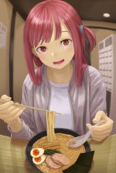 Rule 34 | 1girl, :d, blurry, blurry background, bowl, brown eyes, chopsticks, egg, fingernails, food, grey jacket, highres, holding, holding chopsticks, indoors, jacket, kotonoha akane, kurione (zassou), long hair, long sleeves, looking at viewer, meat, noodles, one side up, open clothes, open jacket, open mouth, pink hair, ramen, shirt, smile, solo, straight hair, teeth, voiceroid, white shirt