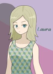 1girl bad_anatomy blonde_hair blue_eyes collarbone highres laura_vanderboom looking_at_viewer multicolored_hair nomnom_1796 patterned_clothing rusty_lake solo streaked_hair upper_body