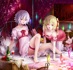 Rule 34 | 2girls, alcohol, all fours, barefoot, bat wings, bed, bird, blonde hair, blue hair, breasts, rabbit, canopy bed, chair, chick, cleavage, cork, corkscrew, cup, downblouse, dress, drinking glass, eyelashes, fangs, feet, female focus, flandre scarlet, flower, hair ribbon, highres, horse, bridal garter, legs, medium breasts, multiple girls, nail polish, nightgown, no headwear, no headwear, open mouth, painting (object), petals, photo (object), pig, pillow, pink dress, red dress, red eyes, red flower, red rose, red skirt, remilia scarlet, ribbon, rose, scarlet devil mansion, shiki takuto, short hair, siblings, side ponytail, sisters, sitting, skirt, small breasts, stuffed toy, toenail polish, toenails, toes, touhou, upskirt, wine, wine glass, wings