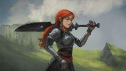 Rule 34 | 1girl, absurdres, armor, belt, black nails, braid, breastplate, breasts, cliff, closed eyes, cloud, commentary, david revoy, english commentary, freckles, gauntlets, grass, highres, holding, holding sword, holding weapon, krita (medium), medium breasts, original, over shoulder, ponytail, red hair, side braid, smile, solo, sword, upper body, weapon, weapon over shoulder