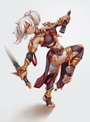 Rule 34 | 1girl, absurdres, armor, ass, barefoot, blam, body markings, closed eyes, dancer, dark-skinned female, dark elf, dark skin, elf, fighting stance, gem, gladiator, glowing gem, glowing markings, gold armor, highres, holding, holding sword, holding weapon, leaning back, lettanya (maxa&#039;), loincloth, midriff, orange gemstone, original, outside border, pirouette, pointy ears, red ribbon, ribbon, scabbard, scar, sheath, signature, soles, solo, standing, standing on one leg, sword, tan, toes, weapon, white background, white hair