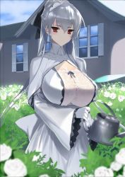 Rule 34 | 1girl, blue sky, blurry, blurry foreground, blush, boku ni wa silky na maid ga imasu, braid, breasts, cleavage, cover image, day, dress, flower, french braid, frilled sleeves, frills, gloves, hair between eyes, hima, holding, holding watering can, house, huge breasts, lace, long dress, long sleeves, looking at viewer, maid, maid headdress, novel illustration, official art, outdoors, red eyes, sidelocks, silver hair, sky, solo, textless version, watering, watering can, white dress, white gloves, wide sleeves