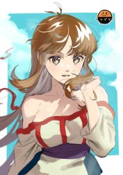 Rule 34 | 1girl, arc the lad, arc the lad ii, bare shoulders, breasts, brown eyes, brown hair, cloud, collarbone, dress, highres, lieza (arc the lad), long hair, looking at viewer, magmastudio, open mouth, solo, very long hair, yurumagma