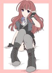 Rule 34 | 1girl, ankle boots, assault lily, asura ueda, black gloves, blunt bangs, boots, border, brown hair, buttons, commentary request, cropped jacket, cross-laced footwear, fingerless gloves, frilled skirt, frills, full body, gloves, grey footwear, grey thighhighs, hand in own hair, highres, kaede johan nouvel, lace-up boots, long hair, looking at viewer, neck ribbon, pink border, puffy short sleeves, puffy sleeves, purple eyes, ribbon, school uniform, short sleeves, simple background, sitting, sketch, skirt, smile, solo, thighhighs, wavy hair, white background, yurigaoka girls academy school uniform