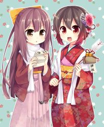 Rule 34 | 2girls, :d, alternate costume, arrow (projectile), bell, blue background, bow, brown eyes, brown hair, floral background, floral print, flower, gradient hair, hair bow, hair flower, hair ornament, hamaya, japanese clothes, jingle bell, kamikaze (kancolle), kantai collection, kimono, long hair, meiji schoolgirl uniform, multicolored hair, multiple girls, mutsuki (kancolle), nagasioo, obi, omikuji, open mouth, purple hair, red eyes, red hair, sash, scarf, short hair, smile