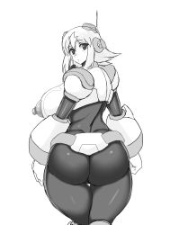 Rule 34 | 1girl, absurdres, armor, ass, bodysuit, breasts, desuroguma, from behind, greyscale, highres, huge ass, huge breasts, monochrome, nana (mega man x: command mission), nipples, mega man (series), mega man x (series), mega man x: command mission, short hair, skin tight, solo, thick thighs, thigh gap, thighs, white background