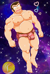 Rule 34 | 1boy, artist name, bara, brown hair, bulge, clenched hands, closed eyes, facial hair, floating, heart, long sideburns, male focus, male underwear, muscular, muscular male, night, night sky, onsen-mark, onsen symbol, open mouth, pectorals, red male underwear, sho (432054), short hair, sideburns, sideburns stubble, sky, smile, solo, sparkle, stubble, underwear, urusei yatsura