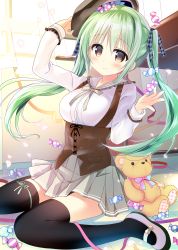 Rule 34 | 1girl, arm up, beret, black thighhighs, blush, breasts, brown eyes, brown hat, candy wrapper, closed mouth, commentary request, curtains, day, green hair, grey skirt, hair between eyes, hair ribbon, hand on headwear, hat, head tilt, highres, indoors, long hair, long sleeves, looking at viewer, medium breasts, nagayama yuunon, on floor, on head, original, petals, plaid, plaid ribbon, pleated skirt, polka dot, ribbon, shirt, shoes, sidelocks, sitting, skirt, smile, solo, stuffed animal, stuffed toy, sunlight, teddy bear, thighhighs, twintails, underbust, uwabaki, very long hair, white footwear, white shirt, window