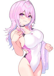 Rule 34 | 1girl, black choker, blush, breasts, choker, commentary request, competition swimsuit, covered navel, cu-no, hair between eyes, highres, hisen kaede, holding, holding towel, large breasts, long hair, looking at viewer, nail polish, one-piece swimsuit, pink eyes, pink hair, simple background, smile, solo, swimsuit, towel, white background, white one-piece swimsuit, yayoi sakura