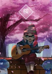 Rule 34 | 1girl, bad id, bad pixiv id, beanie, blue shirt, blue sweater, brick wall, casual, cherry blossoms, collared shirt, cross-laced footwear, fangs, green eyes, guitar, hat, highres, holding, holding instrument, inkling, inkling girl, inkling player character, instrument, jellyfish (splatoon), kanji, kashu (hizake), layered clothes, logo, long hair, nintendo, open mouth, pants, pink hair, pink hat, pointy ears, red footwear, red pants, romaji text, shirt, shoes, sitting, sleeves rolled up, sneakers, solo, splatoon (series), splatoon 2, striped clothes, striped shirt, sweater, tentacle hair, tree