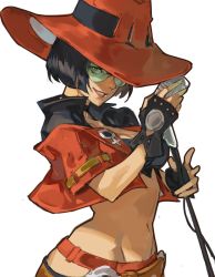 Rule 34 | 1girl, black gloves, black hair, breasts, cleavage, fingerless gloves, gloves, green-tinted eyewear, green-tinted glasses, green eyes, guilty gear, guilty gear strive, hat, highres, i-no, jacket, looking at viewer, midriff, navel, red headwear, red jacket, short hair, smirk, sunglasses, tinted eyewear, uncle rabbit ii, witch hat
