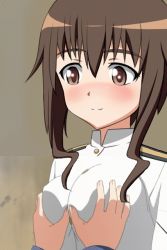 Rule 34 | 00s, 1girl, animated, animated gif, blush, grabbing another&#039;s breast, breasts, brown eyes, brown hair, grabbing, large breasts, military, military uniform, solo focus, strike witches, takei junko, uniform, world witches series