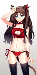 Rule 34 | 1girl, adapted costume, alternate color, animal ears, between fingers, black thighhighs, bra, breasts, cat cutout, cat ear panties, cat ears, cat lingerie, cat tail, cleavage, cleavage cutout, clothing cutout, fate/stay night, fate (series), gem, hair ribbon, holding, long hair, looking at viewer, meme attire, navel, panties, red panties, ribbon, side-tie panties, small breasts, solo, tail, thighhighs, tohsaka rin, two side up, underwear, underwear only, yaoshi jun