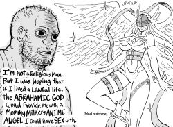 Rule 34 | 1boy, 1girl, angel, angel wings, angewomon, bb (baalbuddy), breasts, coomer (meme), covered eyes, digimon, elbow gloves, english text, facial hair, gloves, greyscale, helmet, highres, large breasts, meme, monochrome, original, revealing clothes, simple background, stubble, thigh strap, white background, winged helmet, wings