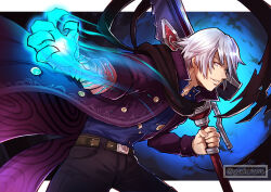 Rule 34 | 1boy, belt, black scarf, devil bringer, devil may cry, devil may cry (series), devil may cry 4, glowing, glowing hand, grey hair, gzei, highres, jacket, looking at viewer, nero (devil may cry), official alternate costume, outstretched arm, over shoulder, purple jacket, red queen (sword), scarf, smile, solo, weapon, weapon over shoulder