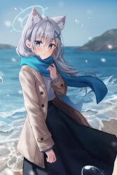 Rule 34 | 1girl, 1yu x, absurdres, beach, black skirt, blue archive, coat, commentary, halo, highres, island, ocean, open clothes, open coat, shiroko (blue archive), skirt, snow, winter